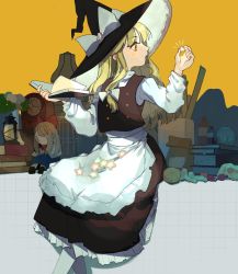 Rule 34 | 1girl, apron, bag, black dress, black eyes, black hat, blonde hair, blue dress, blush, book, bottle, bow, bowtie, brown footwear, brown hair, buttons, cage, clock, doll, dress, flower, food, frills, fruit, grey bow, grey pantyhose, hair bow, hat, hat bow, highres, kirisame marisa, kyomunohi, lamp, leaf, lemon, light, light brown hair, long hair, long sleeves, looking to the side, mushroom, no mouth, open book, open mouth, orange background, orange eyes, orange flower, orange rose, package, pantyhose, pink flower, pink rose, puffy long sleeves, puffy sleeves, purple flower, purple rose, red bow, red bowtie, rose, ruler, shadow, shanghai doll, shirt, shoes, sitting, solo, star (symbol), sweets, table, touhou, vase, white apron, white bow, white shirt, witch hat
