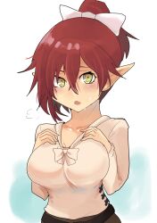 Rule 34 | 1girl, :o, alternate breast size, bad link, bow, breasts, brown hair, drawfag, goblin slayer!, hair between eyes, hands on own breasts, highres, large breasts, long sleeves, medium hair, pointy ears, rhea fighter (goblin slayer!), shirt, sweat, upper body, white bow, white shirt, yellow eyes