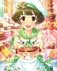Rule 34 | 00s, 10s, 1boy, akizuki ryo, apron, artist request, banana, beret, blush, bow, brown eyes, brown hair, chocolate, collarbone, crossdressing, dress, food, fruit, hat, idolmaster, idolmaster cinderella girls, idolmaster dearly stars, looking at viewer, male focus, official art, open mouth, patissier, smile, solo, sweets, thank you, trap, valentine, wrist cuffs
