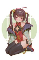 Rule 34 | 1girl, ahoge, anklet, azur lane, backlighting, black thighhighs, breasts, brown hair, china dress, chinese clothes, covered navel, dress, female focus, full body, hairband, high heels, highres, jewelry, long hair, looking at viewer, off shoulder, panties, pelvic curtain, petite, ping hai (azur lane), platform footwear, purple eyes, revision, side-tie panties, simple background, sitting, small breasts, solo, thighhighs, timbougami, twintails, underwear, white background