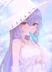 Rule 34 | 1girl, atsuko (blue archive), atsuko (swimsuit) (blue archive), blue archive, breasts, cleavage, dano, fingernails, food in mouth, hair over shoulder, halo, highres, jewelry, long hair, looking at viewer, mouth hold, necklace, official alternate costume, pink halo, popsicle, popsicle in mouth, purple hair, small breasts, solo, upper body, wet, wet hair, white headwear