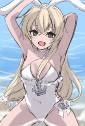 Rule 34 | 1girl, absurdres, animal ears, arms behind head, blonde hair, casual one-piece swimsuit, commentary request, cosplay, flat chest, grey eyes, highleg, highleg swimsuit, highres, kantai collection, long hair, mashiro yukiya, one-piece swimsuit, rabbit ears, sagiri (kancolle), sagiri (kancolle) (cosplay), shimakaze (kancolle), side-tie swimsuit, smile, solo, swimsuit, unfinished, white one-piece swimsuit