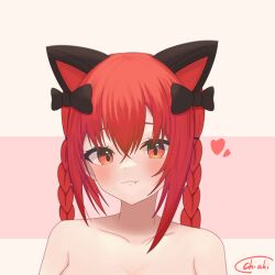 Rule 34 | 1girl, absurdres, animal ears, black bow, blush, bow, braid, cat ears, cat girl, chiaki koizumi, closed mouth, collarbone, commentary request, extra ears, fang, hair bow, heart, highres, kaenbyou rin, looking at viewer, medium hair, red eyes, red hair, side braids, signature, solo, touhou, twin braids, upper body