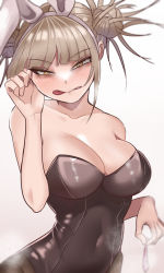Rule 34 | animal ears, bare shoulders, black leotard, blonde hair, boku no hero academia, breasts, cleavage, collarbone, condom, covered navel, double bun, fake animal ears, hair bun, hand on own face, hand up, large breasts, leotard, looking at viewer, pantyhose, playboy bunny, rabbit ears, simple background, solo, toga himiko, tongue, tongue out, tsurime, upper body, yellow eyes, zd (pixiv6210083)