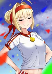 Rule 34 | 1girl, ahoge, blonde hair, blush, breasts, buruma, closed eyes, fate/extra, fate (grand order), fate (series), gym uniform, hairband, hands on own hips, highres, medium breasts, midriff, navel, nero claudius (fate), nero claudius (fate/extra), red buruma, red hairband, smile, solo, stomach, the only shoe