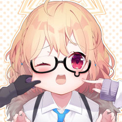 Rule 34 | 1girl, absurdres, blonde hair, blue archive, blush, calciumin, cheek pinching, cheek poking, commentary request, glasses, halo, highres, jacket, kotori (blue archive), looking at viewer, necktie, open mouth, pinching, poking, polka dot, polka dot background, portrait, red eyes, short hair, solo focus, teardrop-framed glasses