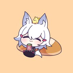 Rule 34 | 1girl, animal ears, bread, cross (vgne4542), cup, food, fox ears, fox tail, green tea, highres, phase connect, simple background, smile, solo, tail, tea, teacup, tenma maemi