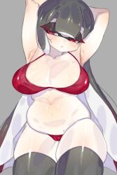 Rule 34 | 1girl, :&lt;, armpits, arms behind head, arms up, bikini, black hair, black thighhighs, blunt bangs, blush, breasts, cameltoe, cleavage, cleft of venus, closed mouth, collarbone, dot nose, female focus, half-closed eyes, highres, inkling, inkling girl, inkling player character, large breasts, long hair, mole, nintendo, nitronic, plump, red bikini, red eyes, solo, splatoon (series), stomach, swimsuit, tentacle hair, thick thighs, thighhighs, thighs, very long hair