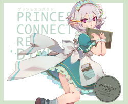 Rule 34 | 1girl, apron, object behind ear, black footwear, commentary request, copyright name, dress, flower, green dress, grey socks, hair between eyes, hair flower, hair ornament, hands up, holding, holding menu, kokkoro (princess connect!), looking at viewer, looking to the side, maid, maid headdress, menu, pencil, pointy ears, princess connect!, puffy short sleeves, puffy sleeves, purple eyes, shadowsinking, shoes, short sleeves, silver hair, socks, solo, white apron, white flower, wrist cuffs