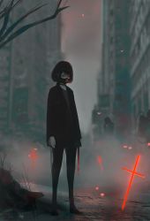 Rule 34 | 1girl, 2others, absurdres, aoi ogata, black choker, black eyes, black footwear, black hair, black jacket, black pants, blurry, blurry background, building, choker, commentary, cross, depth of field, english commentary, glowing, grey shirt, highres, jacket, latin cross, multiple others, open clothes, open jacket, original, outdoors, pants, petals, red pupils, respirator, shirt, shoes, short hair, skyscraper, solo focus, standing