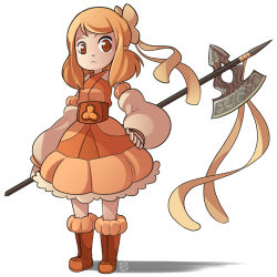 Rule 34 | 1girl, axe, boots, detached sleeves, dress, frown, full body, hair ribbon, hand on own hip, mary cagle, orange dress, orange eyes, orange footwear, orange hair, original, puffy detached sleeves, puffy sleeves, ribbon, serious, signature, solo, weapon