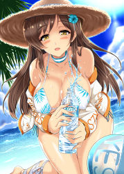 Rule 34 | 10s, 1girl, ankle wrap, ball, barefoot, beachball, bikini, blush, bottle, breasts, brown eyes, brown hair, choker, cloud, collarbone, covered erect nipples, day, dutch angle, female focus, flower, hair flower, hair ornament, hat, horizon, idolmaster, idolmaster cinderella girls, jacket, kneeling, large breasts, long hair, long sleeves, looking at viewer, nitta minami, ocean, off shoulder, open clothes, open jacket, open mouth, outdoors, palm tree, print swimsuit, side-tie bikini bottom, sky, smile, solo, straw hat, sun hat, sunlight, swimsuit, tree, water, water bottle, water drop, yasakani an