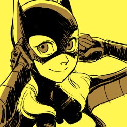 Rule 34 | 1girl, batgirl, batman (series), dc comics, female focus, gloves, mask, sen (pixiv111638), smile, solo, stephanie brown, yellow theme