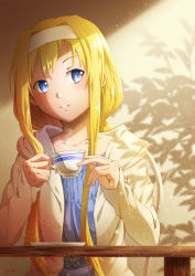 Rule 34 | 1girl, absurdres, alice zuberg, blonde hair, blue eyes, blue shirt, cardigan, collarbone, cup, grin, hair intakes, hairband, highres, holding, holding cup, hood, hood down, hooded cardigan, light particles, long hair, long sleeves, oboro neko, open cardigan, open clothes, ponytail, shirt, sidelocks, signature, sitting, sleeves past wrists, smile, solo, sword art online, upper body, very long hair, white cardigan, white hairband
