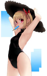 Rule 34 | 1girl, absurdres, alternate costume, armpits, arms up, black one-piece swimsuit, blonde hair, blush, bow, breasts, collarbone, commentary request, food, haiiro gundan, hair bow, hair ribbon, halterneck, hat, highres, looking at viewer, mouth hold, one-piece swimsuit, popsicle, red eyes, ribbon, rumia, short hair, small breasts, solo, straw hat, swimsuit, touhou