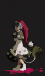 Rule 34 | 1girl, black background, black capelet, blue hair, capelet, dark background, doremy sweet, dress, from side, full body, hat, highres, minamia23, nightcap, red hat, short hair, simple background, solid oval eyes, solo, tail, tapir tail, touhou, walking, white dress, white footwear