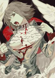 Rule 34 | 1girl, absurdres, black background, blood, blood from mouth, blood on chest, blood on clothes, blood on face, brown eyes, chimera, dragon tail, dungeon meshi, falin touden, falin touden (chimera), feathers, highres, jia ma, light brown hair, looking at viewer, open mouth, red pupils, scene reference, shirt, short hair, slit pupils, slit throat, solo, spoilers, tail, torn clothes, torn shirt, upper body, white feathers