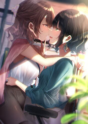 Rule 34 | 2girls, absurdres, arms around neck, black hair, black pantyhose, blue shirt, blurry, blurry background, blush, brown eyes, brown hair, chair, chromatic aberration, claws, earrings, eye contact, finger to another&#039;s mouth, green eyes, hair ornament, hairclip, highres, jewelry, lens flare, long sleeves, looking at another, medium hair, multiple girls, office chair, office lady, on lap, open mouth, original, pantyhose, profile, puffy sleeves, shade, shirt, short hair, sidelocks, sitting, swivel chair, touki matsuri, upper body, white shirt, yuri
