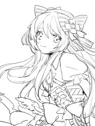 Rule 34 | 1girl, chaos marie (grimms notes), frills, grimms notes, hair ribbon, hair spread out, jewelry, long hair, looking to the side, monochrome, nanamatsu (rapj4327), pendant, puffy short sleeves, puffy sleeves, ribbon, short sleeves, simple background, sketch, smile, solo, white background, wings