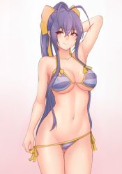 Rule 34 | 1girl, antenna hair, arm behind head, arm up, armpits, bikini, bikini pull, blazblue, blazblue remix heart, blazblue variable heart, blue hair, bluefield, blush, bow, breasts, cleavage, closed mouth, clothes pull, collarbone, covered erect nipples, cowboy shot, genderswap, genderswap (mtf), gluteal fold, groin, hair between eyes, hair bow, highres, long hair, mai natsume, medium breasts, navel, ponytail, pulling own clothes, red eyes, side-tie bikini bottom, sidelocks, smile, solo, stomach, string bikini, striped bikini, striped clothes, sweat, swimsuit, thigh gap, thighs, underboob, undressing, untying, very long hair, wet, wet clothes, wet swimsuit, yellow bow