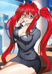 Rule 34 | 00s, 1girl, breasts, city, female focus, glasses, hair ornament, ikkitousen, kanpei, large breasts, legs, long twintails, looking at viewer, red hair, sitting, skirt, smile, solo, twintails