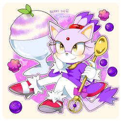 Rule 34 | 1girl, animal ears, berry, blaze the cat, cat ears, cat girl, cat tail, eyelashes, food, forehead jewel, fur-trimmed footwear, fur-trimmed gloves, fur trim, furry, furry female, gloves, gold necklace, holding, holding spoon, ice cream, jacket, jewelry, kusunoki cherry, necklace, pants, pink footwear, ponytail, purple jacket, sonic (series), spoon, tail, white gloves, white pants, yellow eyes