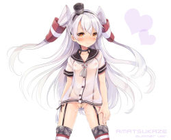 Rule 34 | 10s, 1girl, alternate color, amatsukaze (kancolle), bad id, bad pixiv id, bandaid, bandaid on pussy, blush, breasts, brown eyes, choker, covered erect nipples, cum, cum in mouth, cum in pussy, embarrassed, garter straps, heart, kantai collection, konayama kata, long hair, nipples, no panties, pa kiiro, school uniform, see-through, serafuku, short sleeves, silver hair, small breasts, solo, tears, thighhighs