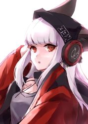 Rule 34 | 1girl, animal ears, arknights, black headwear, commentary request, e-bushi, ears through headwear, fox ears, from side, frostleaf (arknights), grey shirt, hand in own hair, headphones over headwear, highres, jacket, long hair, long sleeves, looking at viewer, off-shoulder shirt, off shoulder, open mouth, oversized clothes, red eyes, red jacket, selfie, shirt, sidelocks, simple background, solo, upper body, white background, white hair, woollen cap