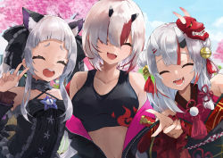 Rule 34 | 3girls, animal ear fluff, animal ears, bare shoulders, bell, black bow, black dress, black jacket, black kimono, black ribbon, black tank top, blue sky, blush, bow, breasts, cat ears, cat tail, cherry blossoms, cleavage, closed eyes, cloud, cloudy sky, commentary, criss-cross halter, crop top, day, detached sleeves, double bun, dress, fang, flat chest, frilled dress, frilled sleeves, frills, group picture, hair bell, hair between eyes, hair bun, hair ornament, hair ribbon, halterneck, hololive, horn ornament, horn ribbon, horns, indie virtual youtuber, jacket, japanese clothes, kemonomimi mode, kimono, konkito, long hair, looking at viewer, mask, mask on head, medium breasts, midriff, multicolored hair, multiple girls, murasaki shion, murasaki shion (gothic lolita), nakiri ayame, nakiri ayame (1st costume), navel, obi, off-shoulder dress, off shoulder, oni mask, open clothes, open jacket, open mouth, outdoors, pom pom (clothes), red hair, ribbon, sash, short hair, side-by-side, silver hair, single hair bun, skin-covered horns, sky, smile, star (symbol), streaked hair, striped, striped bow, tail, tank top, tassel, teeth, tree, twintails, two-tone hair, unzipped, upper body, utsutsu yomi, v, virtual youtuber