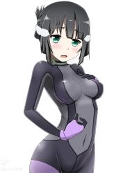 Rule 34 | 1girl, :o, black hair, blush, bodysuit, commentary request, covered erect nipples, covered navel, embarrassed, gloves, green eyes, hand on own chest, highres, kani sen, looking at viewer, open mouth, raised eyebrows, shiny clothes, shiny skin, short hair, sidelocks, simple background, skin tight, solo, turtleneck, twitter username, washio sumi, washio sumi wa yuusha de aru, white background, yuusha de aru