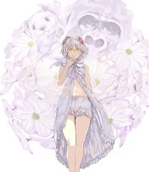 Rule 34 | 1girl, bare shoulders, bloomers, closed mouth, commentary, dress, feet out of frame, floral background, flower, flower request, from below, gorilla, hair between eyes, hair flower, hair ornament, hamster, hand to own mouth, highres, kudou chitose, legs, looking at viewer, navel, nijisanji, open clothes, pink flower, ribbon, shibano kaito, short hair, sleeveless, solo, standing, stomach, thighs, underwear, virtual youtuber, wavy hair, white background, white dress, white hair, white ribbon, yellow eyes