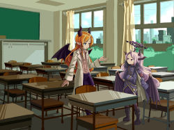 Rule 34 | 2girls, ahoge, alternate breast size, armband, belt, blue archive, chair, chalkboard, classroom, coat, coat on shoulders, commentary, crossed arms, crossover, demon girl, demon horns, demon wings, desk, english commentary, forehead, fur-trimmed coat, fur trim, grey eyes, grey hair, hair ornament, hairclip, halo, height difference, hina (blue archive), hololive, horns, indoors, long hair, long sleeves, looking at another, military, military uniform, multiple girls, orange hair, pantyhose, parted bangs, pencil skirt, pointy ears, purple eyes, school chair, school desk, sidelocks, sixten, skirt, standing, teacher and student, thighhighs, trait connection, uniform, virtual youtuber, white coat, window, wings, yuzuki choco, yuzuki choco (1st costume), zettai ryouiki