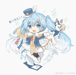 Rule 34 | 1girl, band uniform, beamed eighth notes, blue eyes, blue hair, boots, rabbit, chibi, collar, eighth note, epaulettes, folder, french horn, fringe trim, hair ornament, hair ribbon, hairclip, hat, hat feather, hatsune miku, holding, holding instrument, horn (instrument), instrument, long hair, looking at viewer, maple (57675110), mini hat, mini top hat, musical note, open mouth, quarter note, ribbon, sheet music, smile, snowflake print, snowflakes, sparkle, thighhighs, top hat, translated, twintails, uniform, very long hair, vocaloid, white collar, yuki miku, yuki miku (2020), yukine (vocaloid)