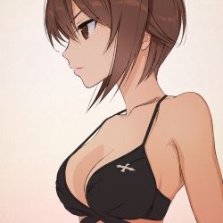 Rule 34 | 10s, 1girl, akagi (fmttps), artist name, beige background, bikini, black bikini, breasts, brown eyes, brown hair, cleavage, closed mouth, commentary, emblem, from side, girls und panzer, light frown, lips, medium breasts, nishizumi maho, one-hour drawing challenge, print bikini, short hair, solo, swimsuit, twitter username, upper body