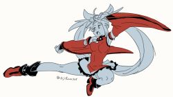 Rule 34 | 1girl, arm guards, arm up, asaya minoru, bad id, bad twitter id, bare shoulders, boots, breasts, china dress, chinese clothes, detached sleeves, dress, flying kick, full body, grey background, guilty gear, guilty gear xrd, kicking, kuradoberi jam, long hair, long sleeves, looking away, medium breasts, monochrome, open mouth, outstretched arm, simple background, sleeveless, sleeveless dress, solo, thigh strap, twintails, very long hair, wide sleeves