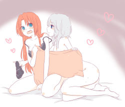Rule 34 | 2girls, ass, bare arms, bare shoulders, black bra, black panties, blue eyes, blush, bra, breasts, chitose (usacan), collarbone, commentary request, from side, gradient background, green eyes, grey background, heart, holding, holding clothes, holding panties, holding underwear, hong meiling, izayoi sakuya, large breasts, long hair, looking at another, looking at viewer, multiple girls, no headwear, nude, open mouth, panties, pillow, profile, red hair, seiza, shadow, short hair, silver hair, sitting, smile, strap slip, thighs, touhou, underwear, white background, yuri