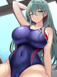 Rule 34 | 1girl, aqua hair, arm behind head, blue one-piece swimsuit, breasts, cleavage, collarbone, competition swimsuit, covered navel, green eyes, grin, hair between eyes, hair ornament, hairclip, highleg, highres, kantai collection, large breasts, long hair, looking at viewer, montemasa, one-piece swimsuit, rei no pool, sidelocks, smile, solo, suzuya (kancolle), swimsuit