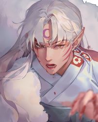 Rule 34 | 1boy, blood, blood from mouth, blood on clothes, blurry, blurry foreground, commentary request, facial mark, forehead mark, inuyasha, japanese clothes, kimono, long hair, male focus, mmmilk, parted lips, pointy ears, sesshoumaru, slit pupils, solo, upper body, whisker markings, white hair, white kimono, yellow eyes