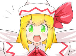 Rule 34 | 1girl, blonde hair, bow, dress, green eyes, hat, lily white, long hair, open mouth, ribbon, smile, solo, touhou, wings, wool (miwol)