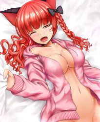 Rule 34 | 1girl, alternate hairstyle, animal ears, bed sheet, blush, bottomless, bow, braid, breasts, cat ears, cat girl, cleavage, extra ears, fangs, female focus, groin, hair bow, highres, hood, hoodie, kaenbyou rin, lying, naked hoodie, navel, no bra, no panties, no pants, on back, one eye closed, open clothes, open mouth, open shirt, red eyes, red hair, saliva, sheet grab, shirt, solo, tears, touhou, upper body, wink, y2