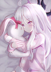 Rule 34 | 1girl, ahoge, aoraine, bed, bed sheet, blue archive, commentary request, demon girl, demon horns, hair between eyes, highres, hina (blue archive), hina (pajamas) (blue archive), horns, hugging doll, hugging object, long hair, long sleeves, looking away, lying, on side, pajamas, parted bangs, pink pajamas, polka dot, polka dot pajamas, purple eyes, sidelocks, simple background, solo, stuffed animal, stuffed rabbit, stuffed toy, white hair