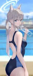 Rule 34 | 1girl, absurdres, animal ear fluff, animal ears, aqua eyes, back cutout, blue archive, blurry, blurry background, bottle, breasts, clothing cutout, competition swimsuit, grey hair, halo, highres, holding, holding bottle, iwashi 111, looking at viewer, looking to the side, median furrow, medium breasts, mismatched pupils, official alternate costume, one-piece swimsuit, ponytail, pool, shiroko (blue archive), shiroko (swimsuit) (blue archive), sidelocks, solo, swimsuit, towel, towel on one shoulder, two-tone one-piece swimsuit, water bottle, white towel, wolf ears