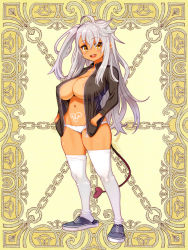 Rule 34 | 1girl, areola slip, breasts, brown eyes, character request, covered erect nipples, full body, hands in pockets, kerberos blade, large breasts, long hair, long sleeves, looking at viewer, messy hair, navel, no bra, no pants, official art, one side up, open clothes, open shirt, panties, ryoji (nomura ryouji), sandals, shirt, silver hair, solo, tan, tattoo, thighhighs, underwear, white panties, white thighhighs, yellow background