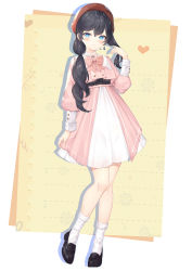 Rule 34 | 1girl, absurdres, arm at side, beret, black footwear, black hair, blue eyes, bow, bowtie, breasts, buttons, dress, earrings, hand up, hat, heart, highres, jewelry, kuroida, loafers, long hair, long sleeves, looking at viewer, medium breasts, original, parted lips, pink bow, pink bowtie, pink dress, puffy sleeves, shoes, single earring, socks, solo, standing, white socks