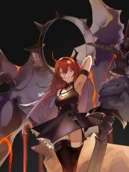 Rule 34 | 1girl, absurdres, arknights, arm up, collar, demon, demon girl, demon horns, dress, highres, holding, holding weapon, horns, huge filesize, looking at viewer, purple eyes, red hair, scdz2344, spiked collar, spikes, surtr (arknights), sword, thighhighs, weapon