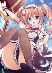 Rule 34 | 1girl, :d, black thighhighs, blue eyes, breasts, brown hair, cleavage, detached collar, dress, fang, feathers, fishnet thighhighs, fishnets, hair ornament, hairclip, highres, luggage, maid, maid headdress, moe2015, open mouth, original, smile, solo, tanoma suzume, thighhighs, twintails
