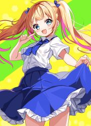 Rule 34 | 1girl, ahoge, ascot, blonde hair, blue ascot, blue bow, blue eyes, blue skirt, bow, collared shirt, fang, finger to cheek, frilled skirt, frills, green background, hair bow, highres, looking at viewer, multicolored background, multicolored hair, original, pink hair, pink pupils, sakura mikan (chirizakura), shirt, shirt tucked in, short sleeves, skin fang, skirt, solo, twintails, two-tone hair, yellow background