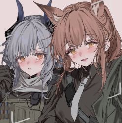Rule 34 | 2girls, aogisa, arknights, black gloves, blush, brown background, brown hair, dragon horns, extra ears, franka (arknights), gloves, green jacket, grey hair, grey necktie, grey scarf, hand up, highres, horns, jacket, liskarm (arknights), liskarm (overload) (arknights), long hair, looking at viewer, multiple girls, necktie, official alternate costume, open clothes, open jacket, open mouth, ponytail, portrait, scarf, scowl, simple background, tactical clothes, yellow eyes