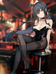 Rule 34 | 1girl, animal ears, armlet, arms at sides, artist request, bar stool, bare shoulders, black hair, blurry, blurry background, breasts, choker, cleavage, collarbone, copyright request, depth of field, fake animal ears, hairband, head tilt, high heels, highres, large breasts, leotard, long hair, looking at viewer, low twintails, pantyhose, parted lips, photo (medium), photo background, playboy bunny, purple eyes, rabbit ears, shoes, sidelocks, sitting, smile, solo, stool, thighband pantyhose, twintails, very long hair, wrist cuffs