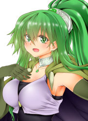 Rule 34 | 1girl, blush, breasts, collar, duel monster, gloves, green eyes, green hair, hair ornament, highres, jacket, jewelry, large breasts, long hair, looking at viewer, open mouth, ponytail, simple background, solo, spiritual beast tamer winda, tahira ureka, white background, winda priestess of gusto, yu-gi-oh!